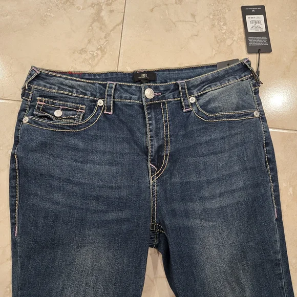 True Religion Women’s Jeans Joey Flap Flare Size 34 Y2K Blue Pink Thread Pockets - Picture 3 of 12